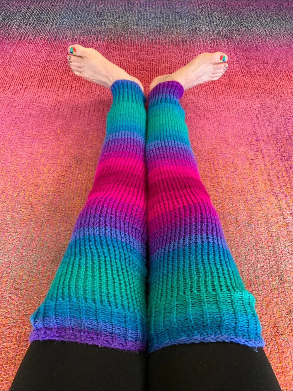Women's Multicolor Knit Leg Warmers - Vibrant Teal, Blue & Magenta